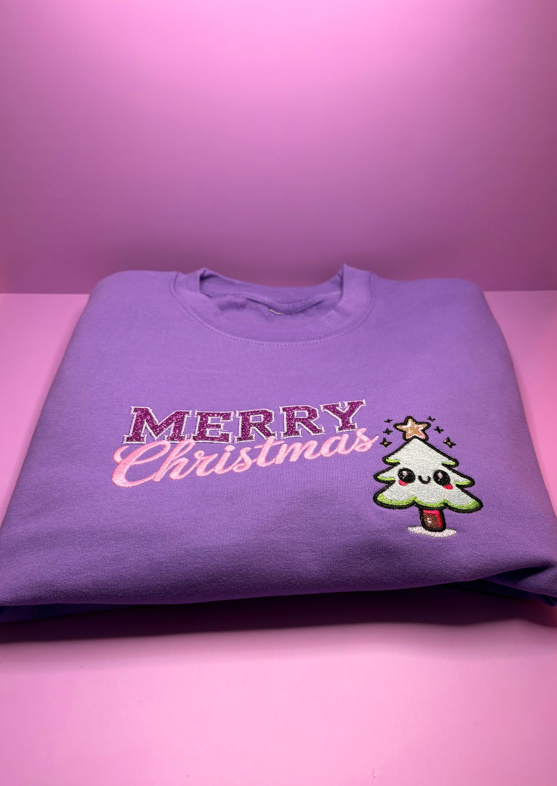 Glitter kawaii Merry Christmas jumper in lilac with cute Christmas tree design