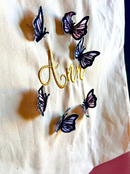 embroidered butterfly tote bag with personalized gold thread name