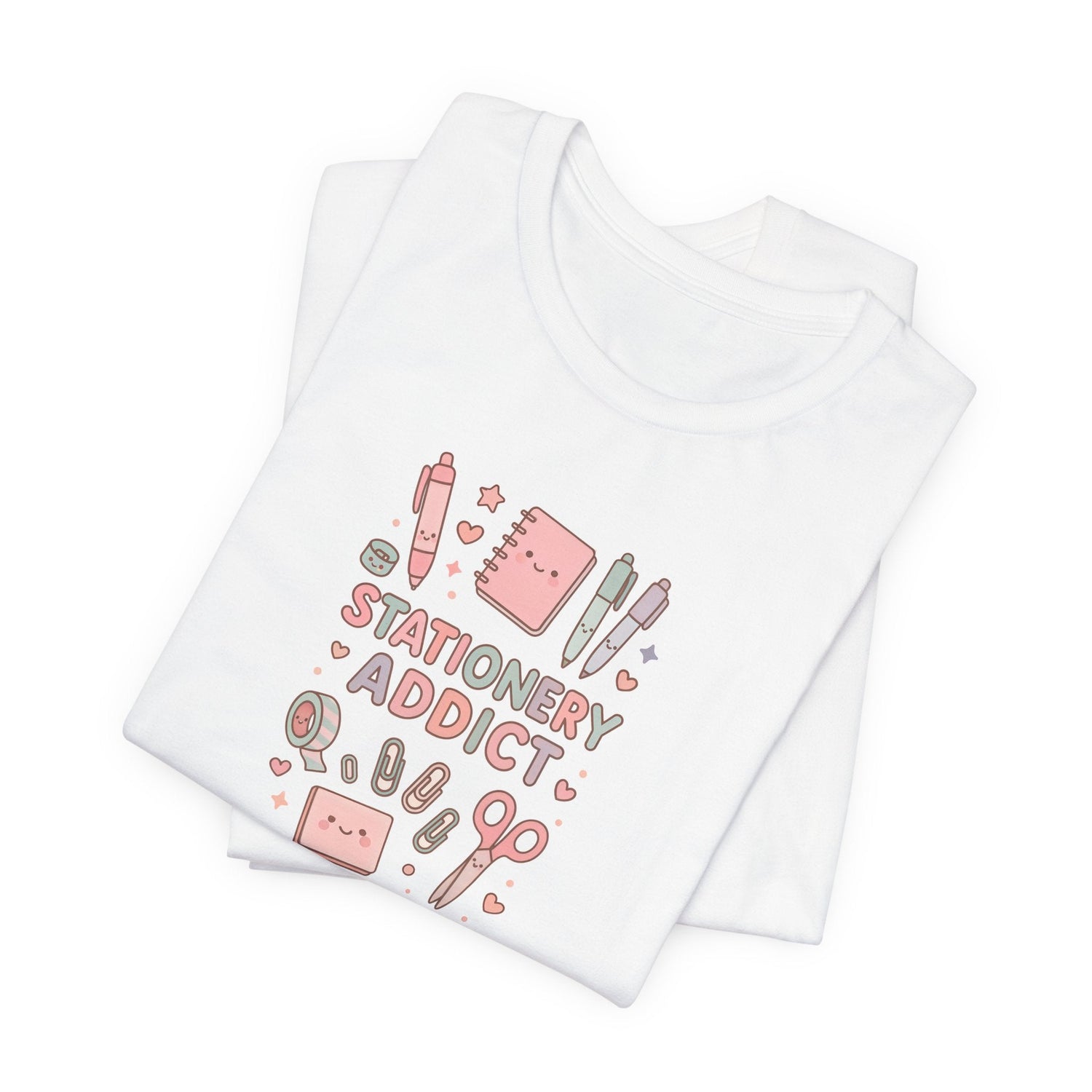 Kawaii Stationery Lover T-Shirt with cute stationery designs for women.