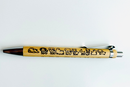 Kawaii Dog Bamboo Pen with engraved cute dog designs and eco-friendly bamboo body.