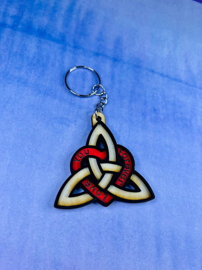 Celtic Heart Infinity Keyring with engraved wooden design symbolizing eternal love.