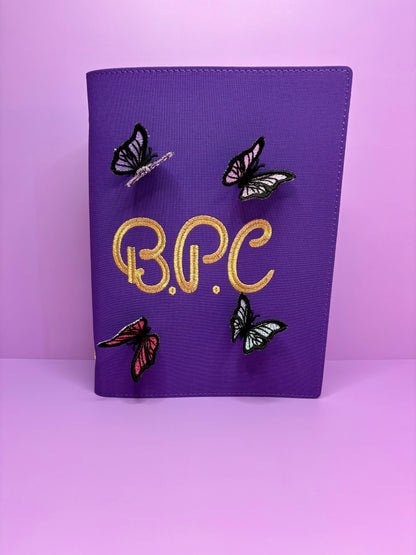 Purple A5 fabric notebook with personalized 3D butterfly embroidery and monogram BPC