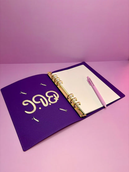 Purple A5 fabric file with personalized 3D butterfly embroidery and pen