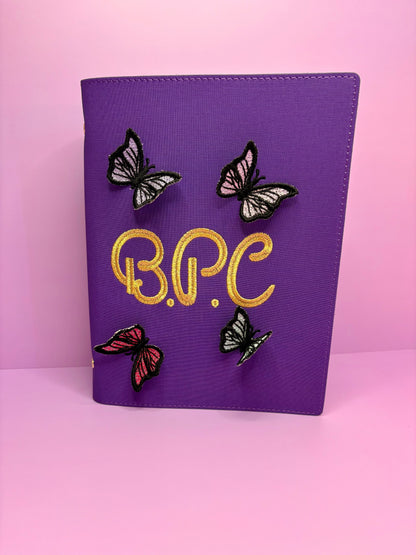 Purple A5 fabric file with personalized 3D butterfly embroidery and BPC monogram