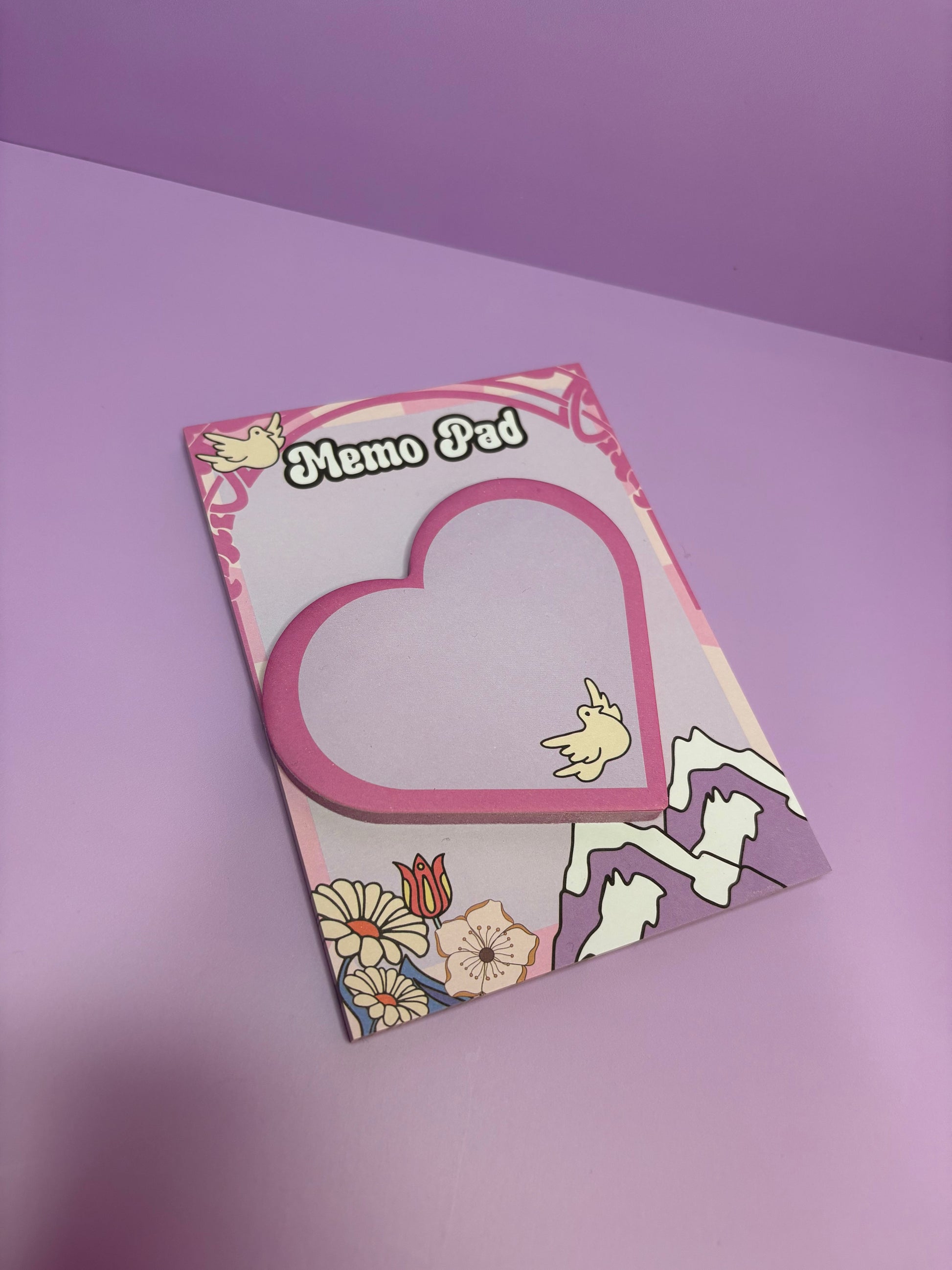 Breathe & Bloom set with A6 memo pad and pink heart-shaped sticky notes on purple background