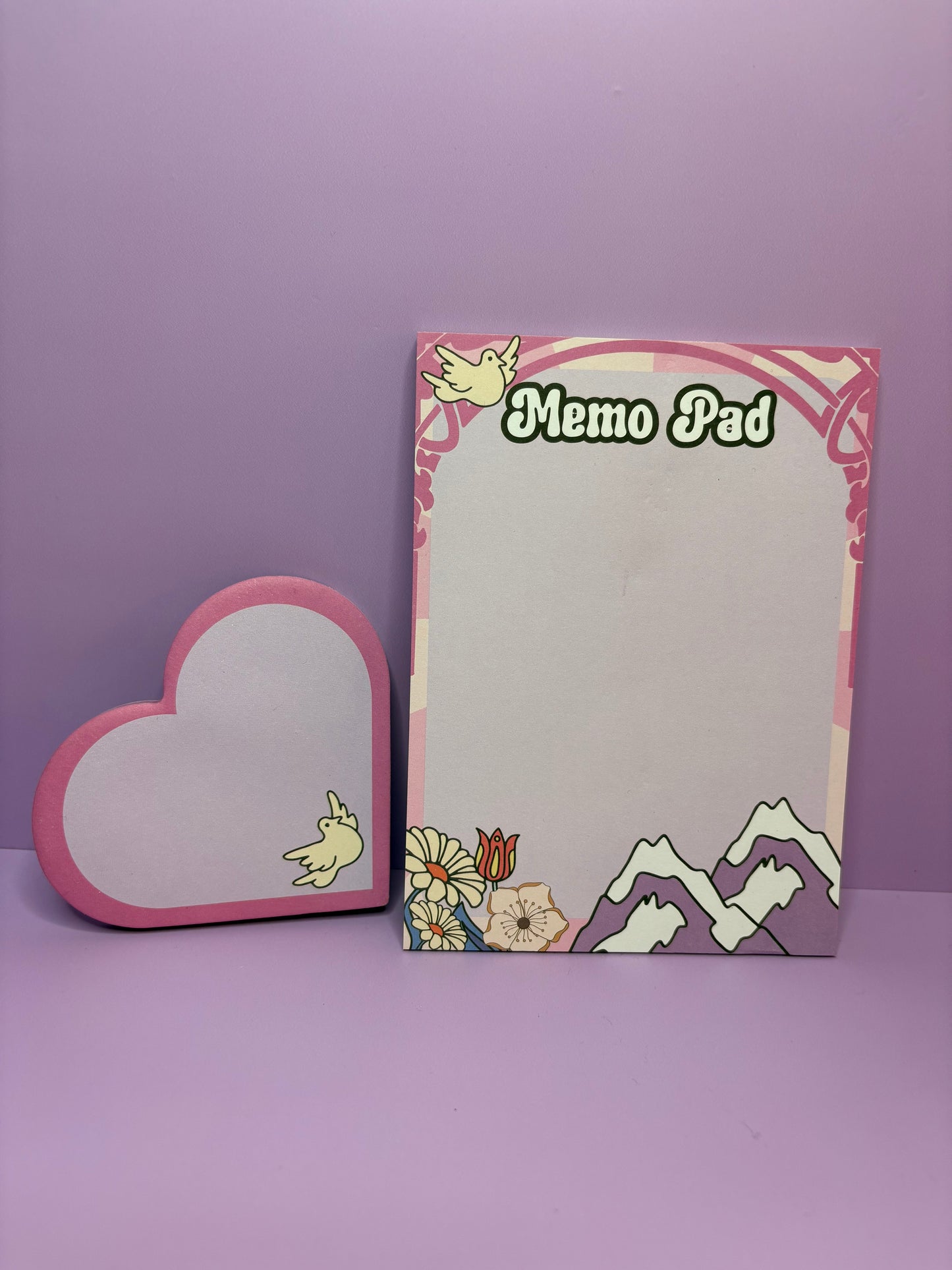 Breathe & Bloom notepad set with A6 memo pad featuring 70s floral design and heart-shaped sticky notes with dove motif