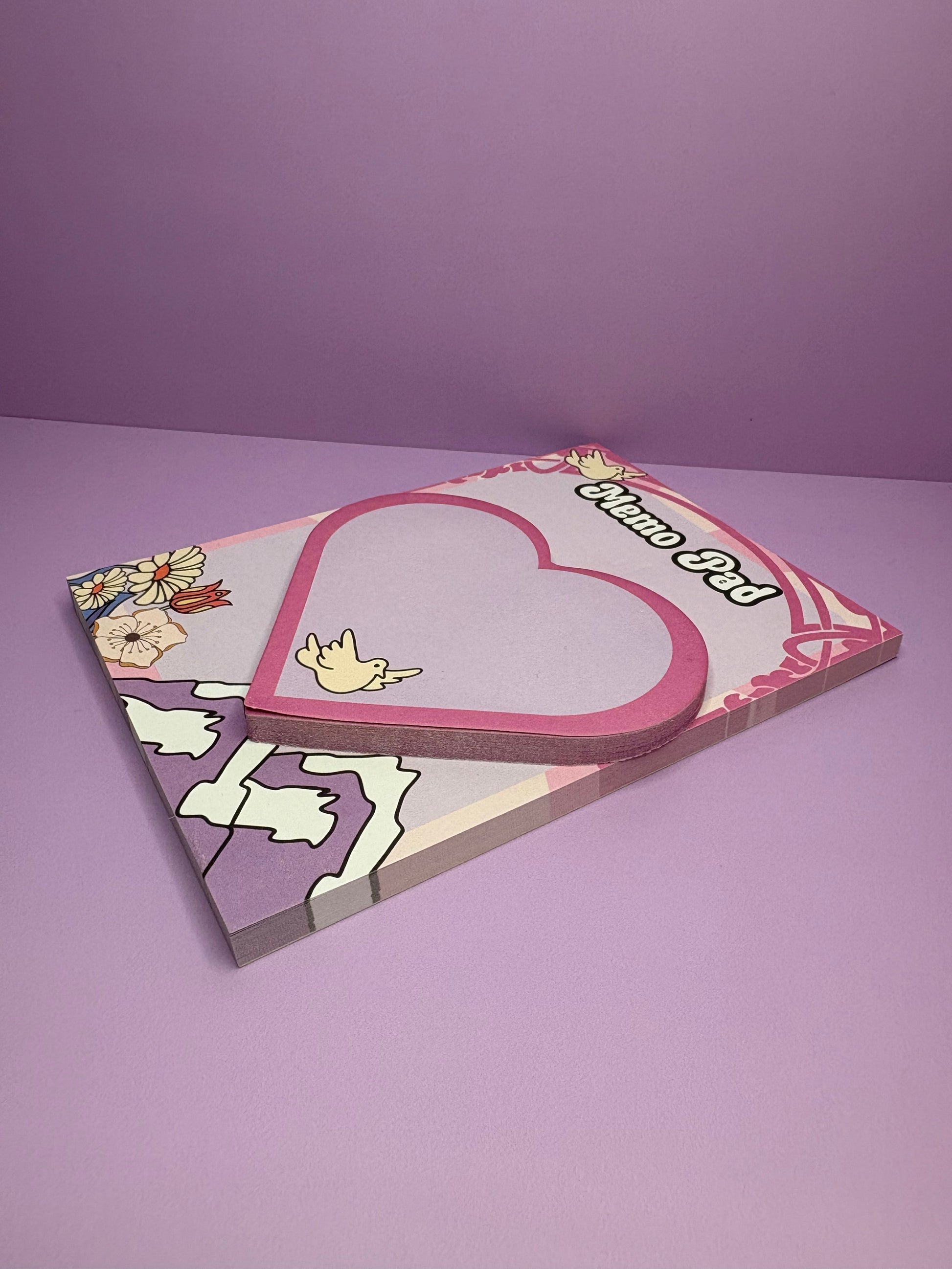 Breathe & Bloom A6 memo pad with heart-shaped sticky notes in pastel pink and retro 70s floral design