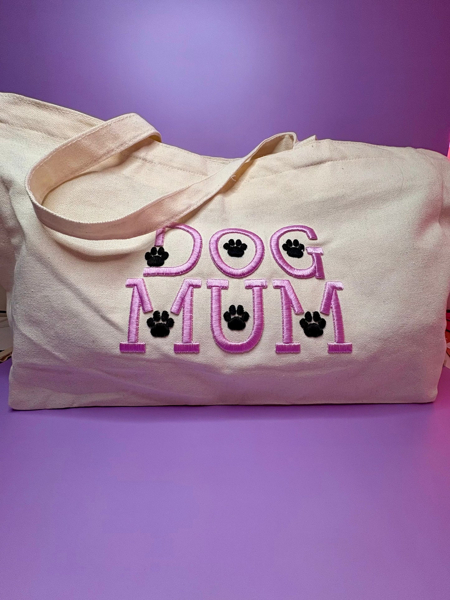 Dog Mum 3D puff embroidered heavy canvas tote bag with paw prints and pink lettering