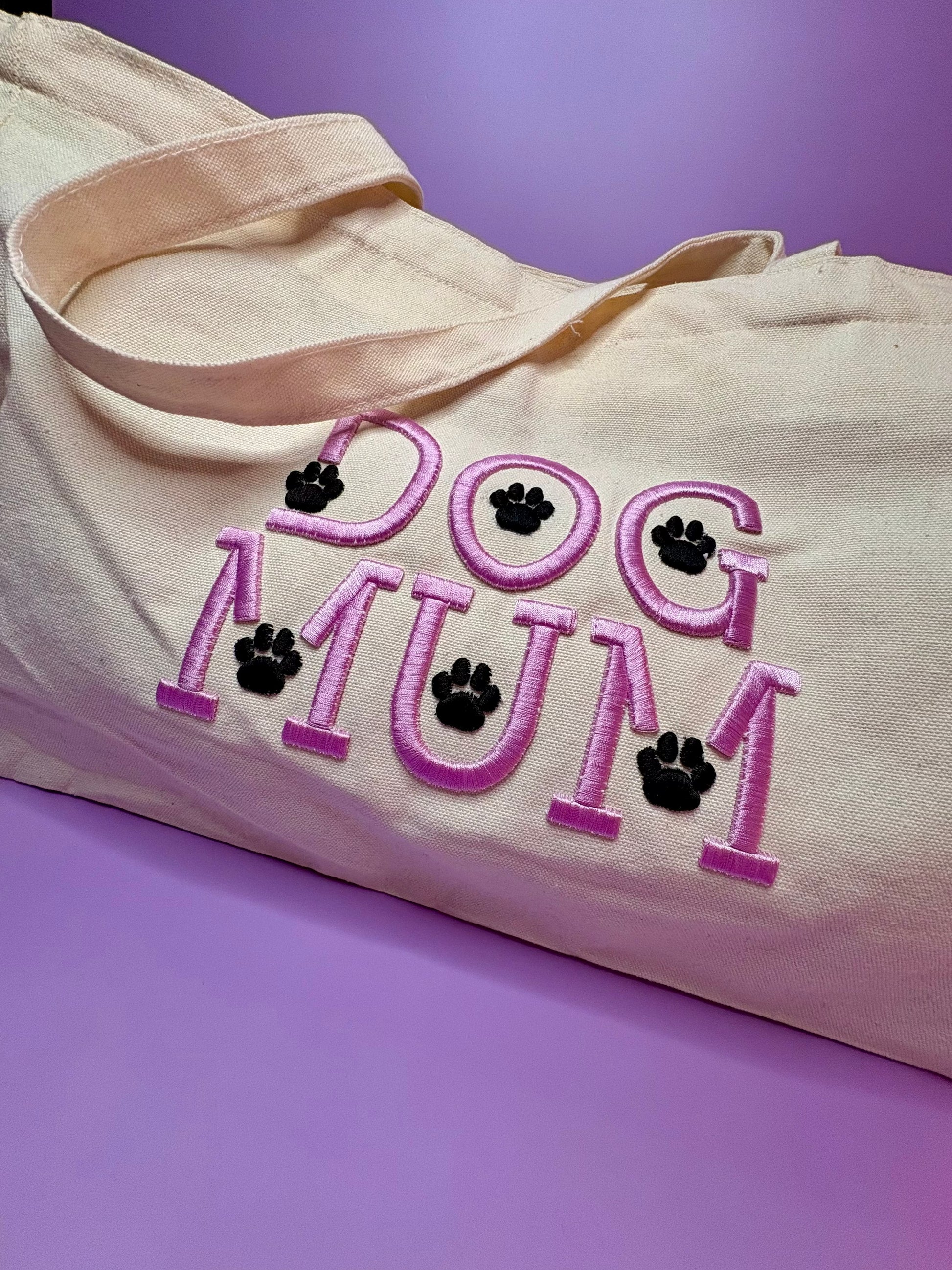 Dog Mum 3D puff embroidered heavy canvas tote bag with paw prints and zip fastening