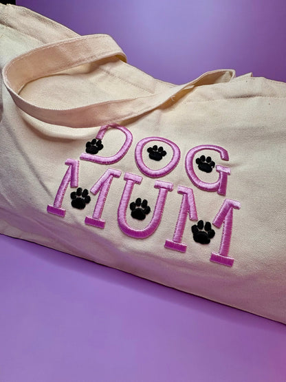 Dog Mum 3D puff embroidered heavy canvas tote bag with paw prints and zip fastening