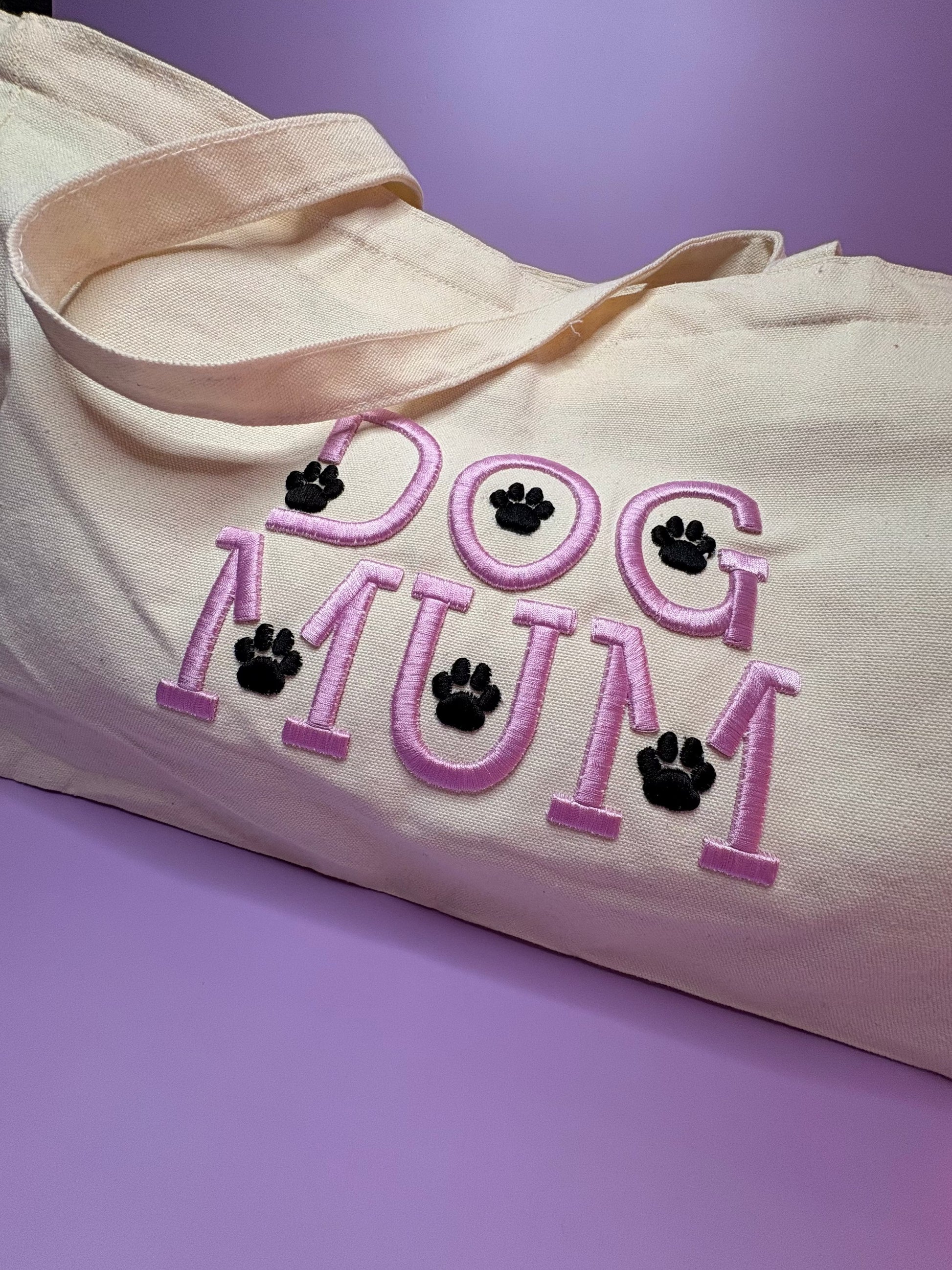 Dog Mum 3D puff embroidered heavy canvas tote bag with paw prints and spacious design