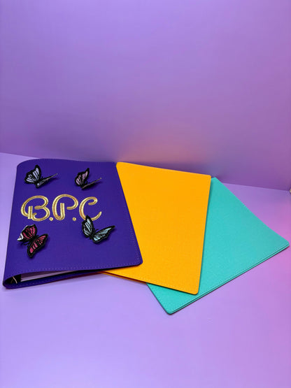 3D butterfly embroidered personalized A5 fabric file in purple, yellow, and aqua colors