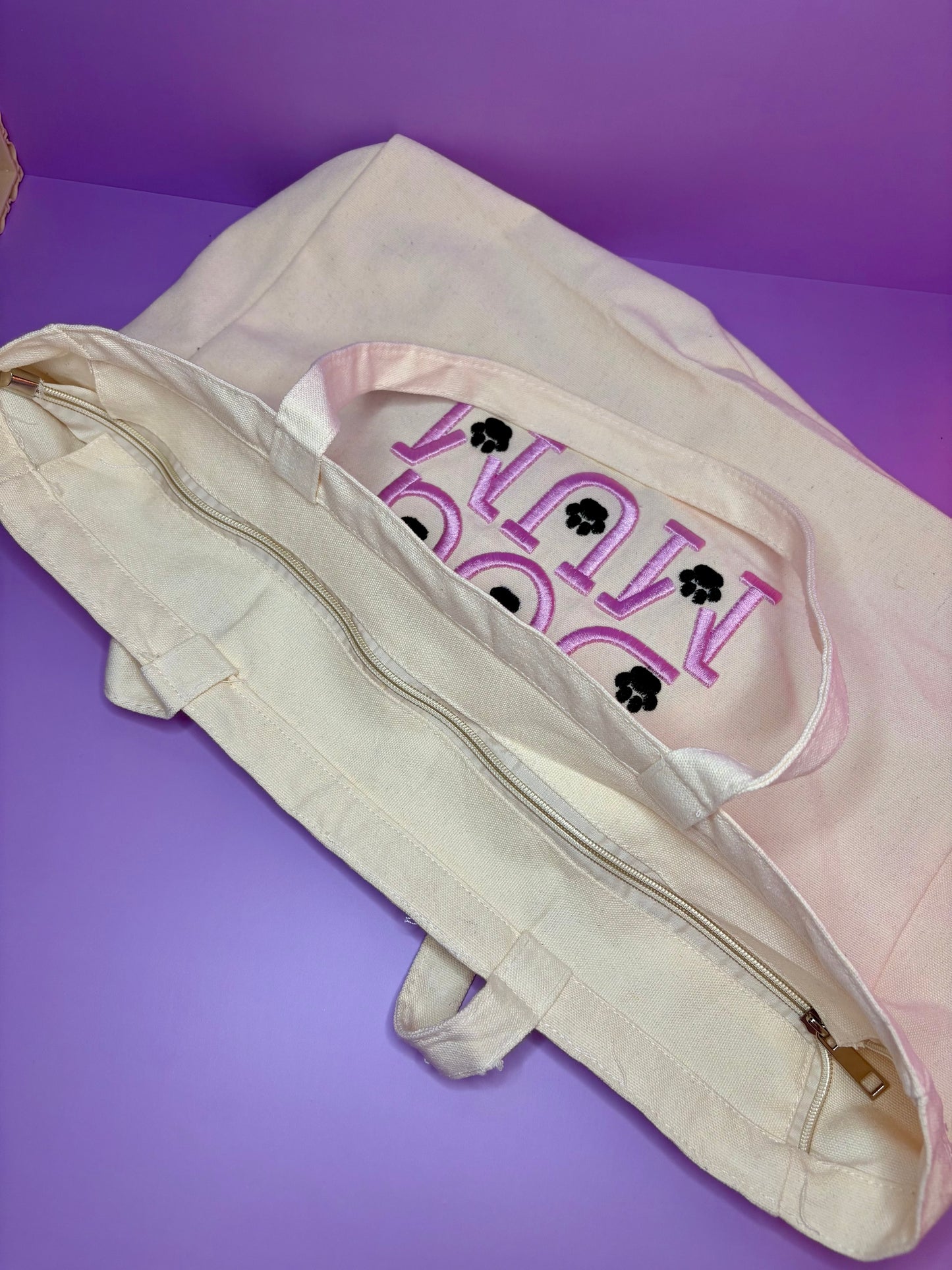 Dog Mum 3D puff embroidered heavy canvas tote bag with zip fastening and internal pocket