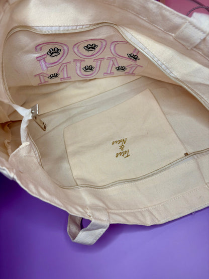Interior view of Dog Mum 3D puff embroidered heavy canvas tote with internal pocket and zip fastening
