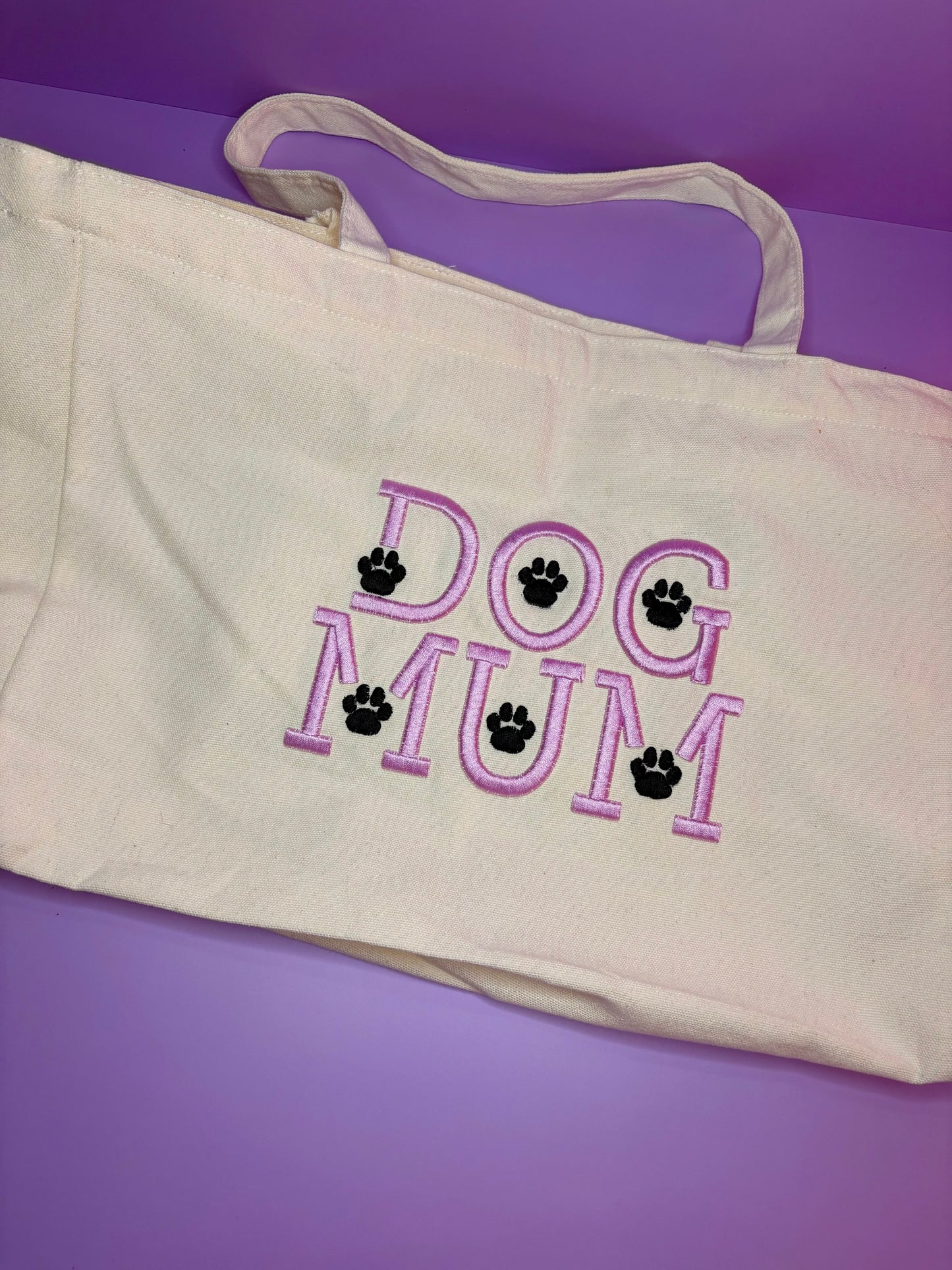 Dog Mum 3D puff embroidered heavy canvas tote bag with paw prints design