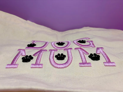 Dog Mum 3D puff embroidered heavy canvas tote bag with paw prints design