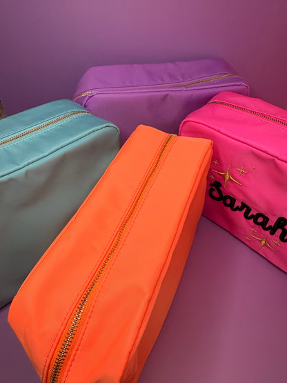 Personalised 3D puff embroidered large cosmetic bags in vibrant colors with spacious zippered design