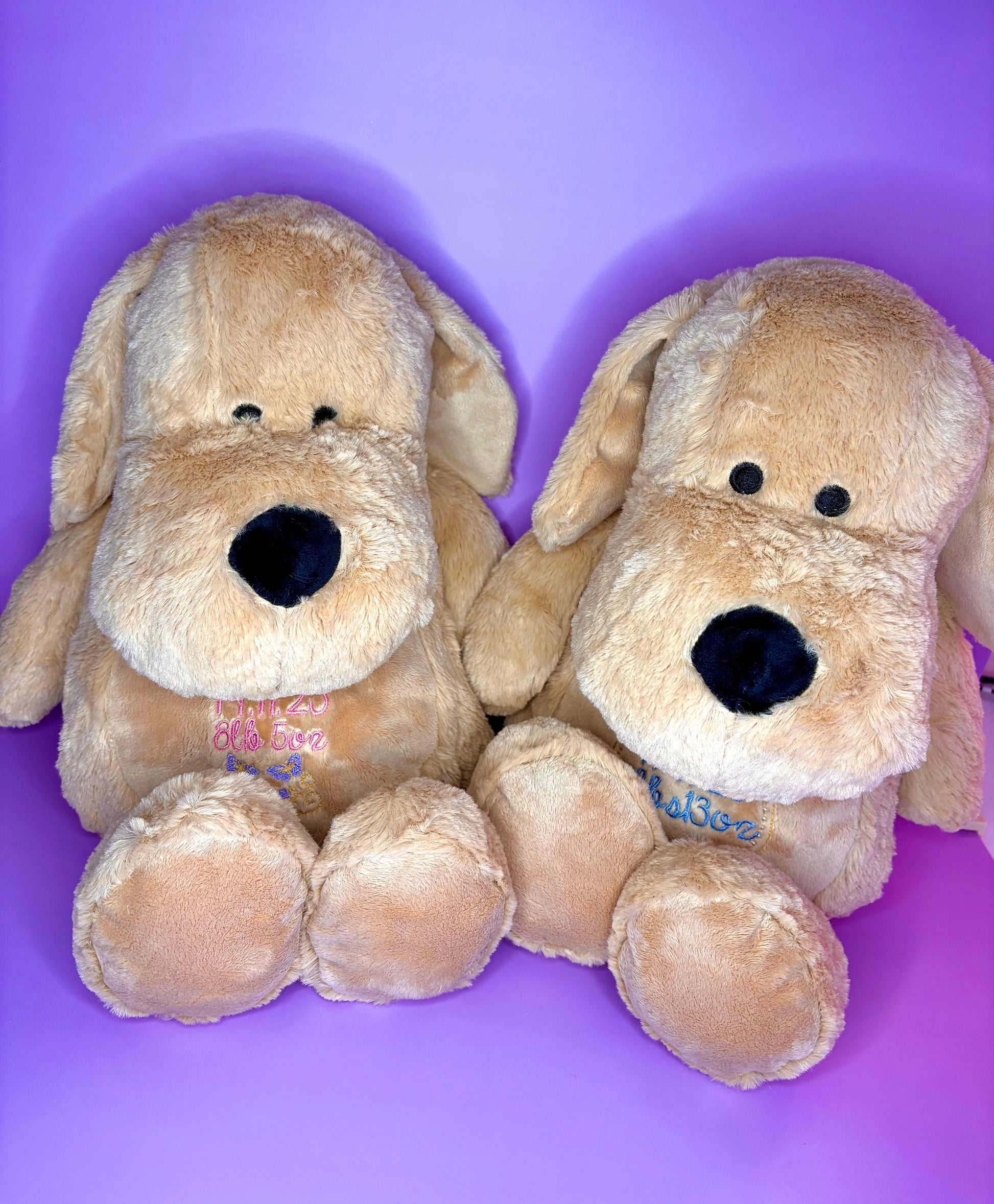 Personalised Birth Announcement soft toy dog plush with embroidered baby details for newborn keepsake