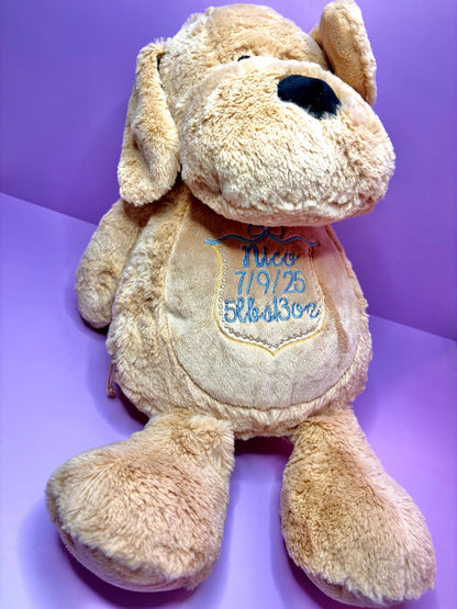 Personalised birth announcement soft toy dog with embroidered baby details, soft and cuddly newborn keepsake