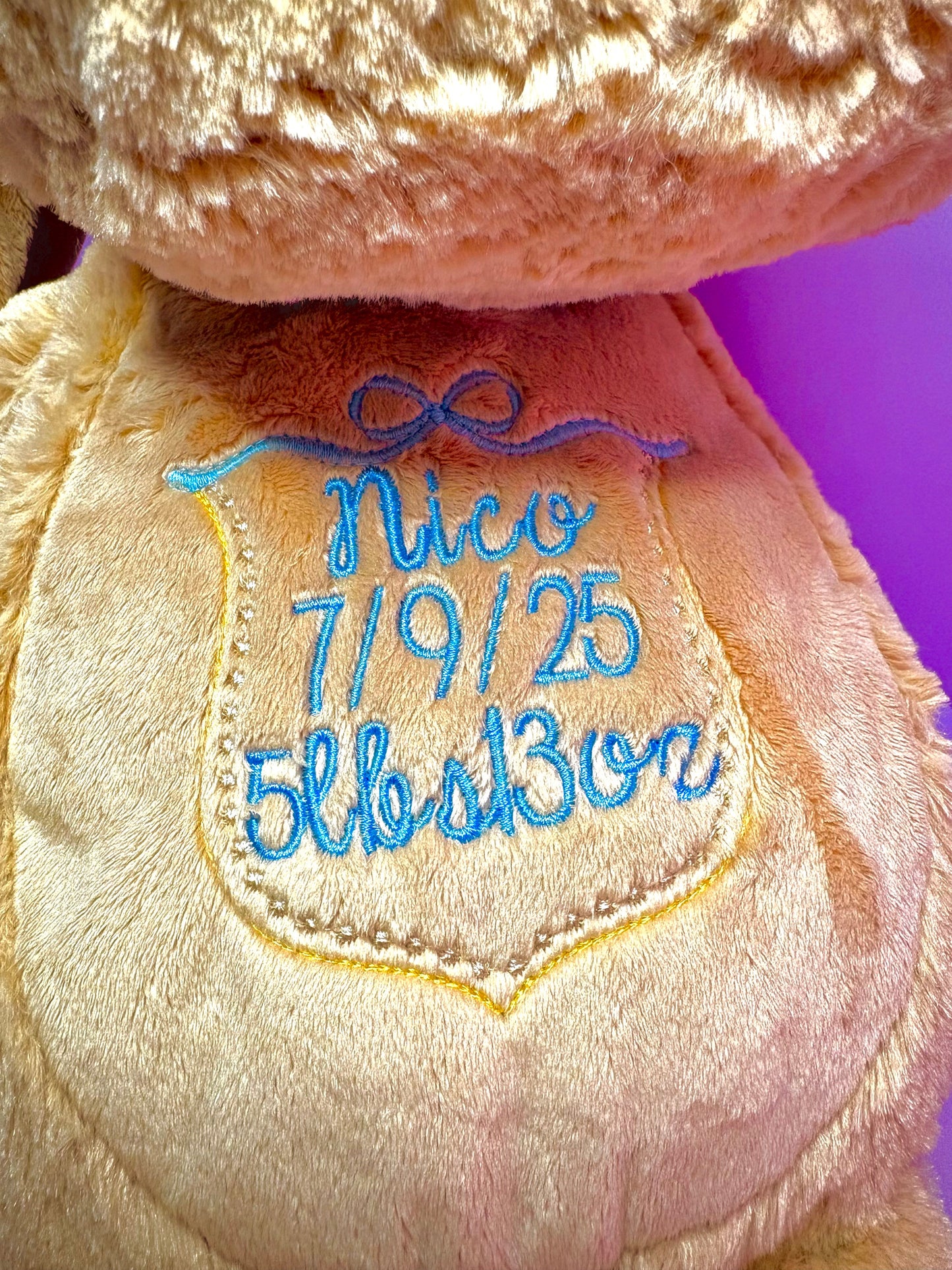 Personalised birth announcement embroidered on soft plush toy dog for newborn keepsake