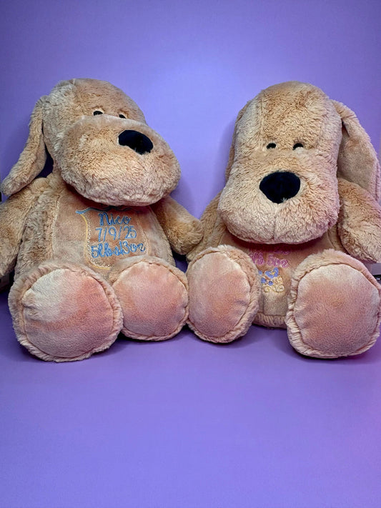 Personalised birth announcement soft toy dog with embroidered baby details, super soft and cuddly keepsake for newborns.