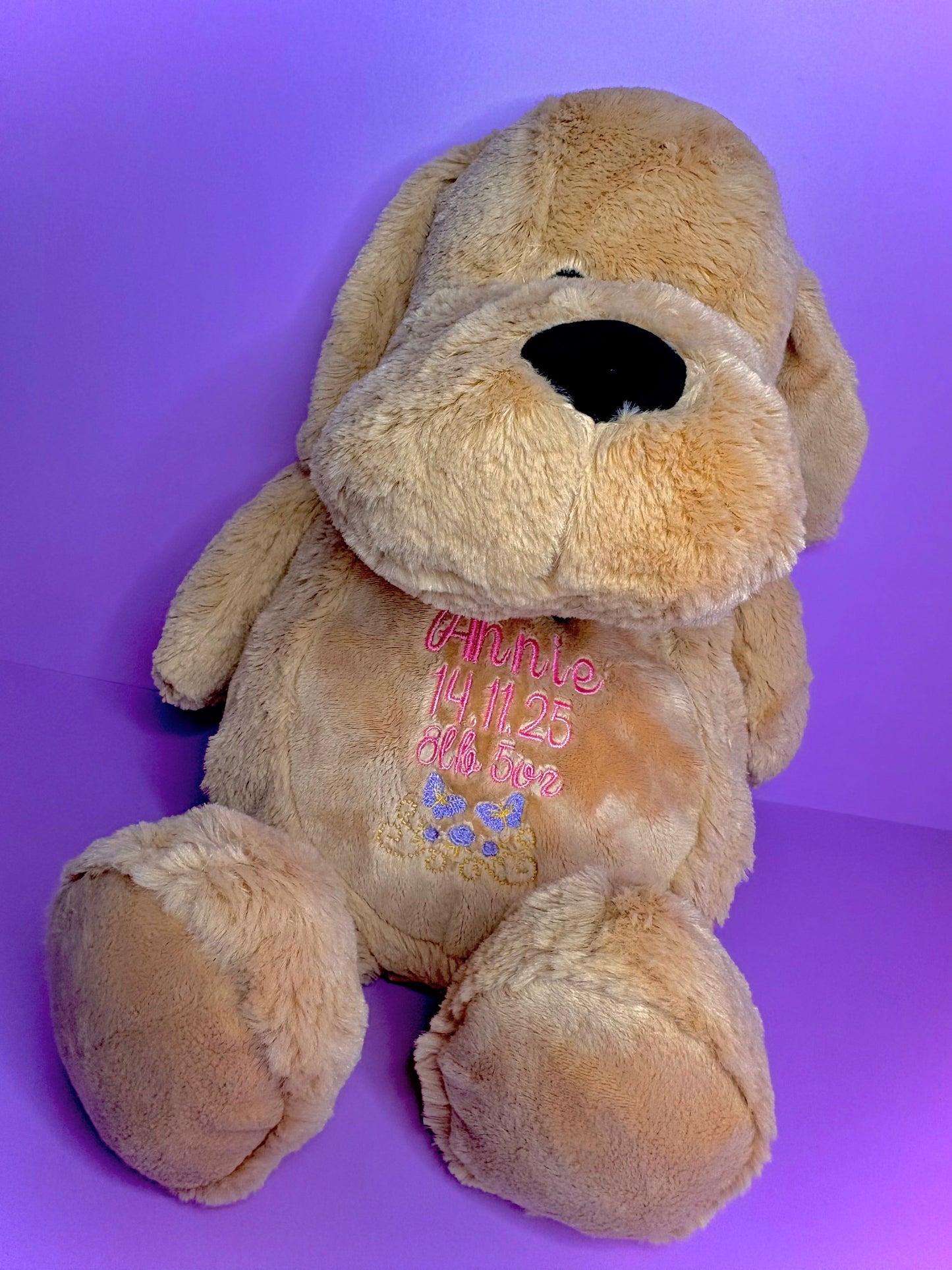 Personalised birth announcement soft toy dog with embroidered baby details, soft plush fabric, and removable stuffing for easy cleaning.