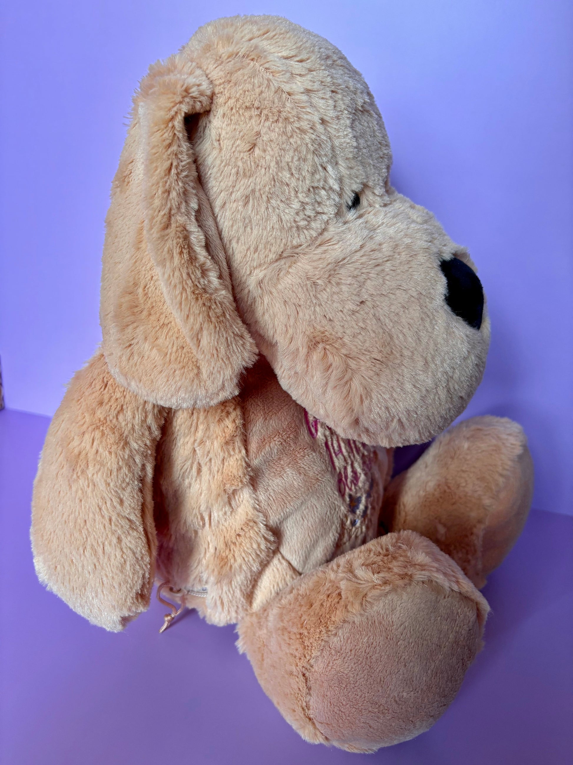 Personalised birth announcement soft toy dog plush for newborns with removable stuffing and embroidered details