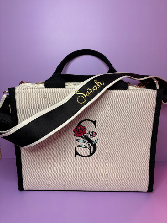 Personalised embroidered tote bag with monogram and name strap in durable heavy twill fabric