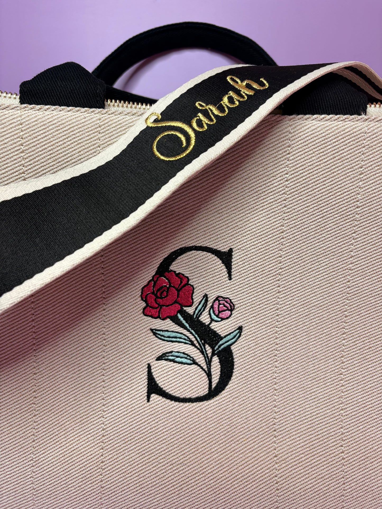 Personalised embroidered tote bag with monogram and name strap made from durable heavy twill fabric