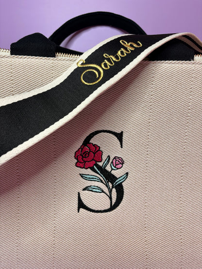 Personalised embroidered tote bag with monogram and name strap made from durable heavy twill fabric