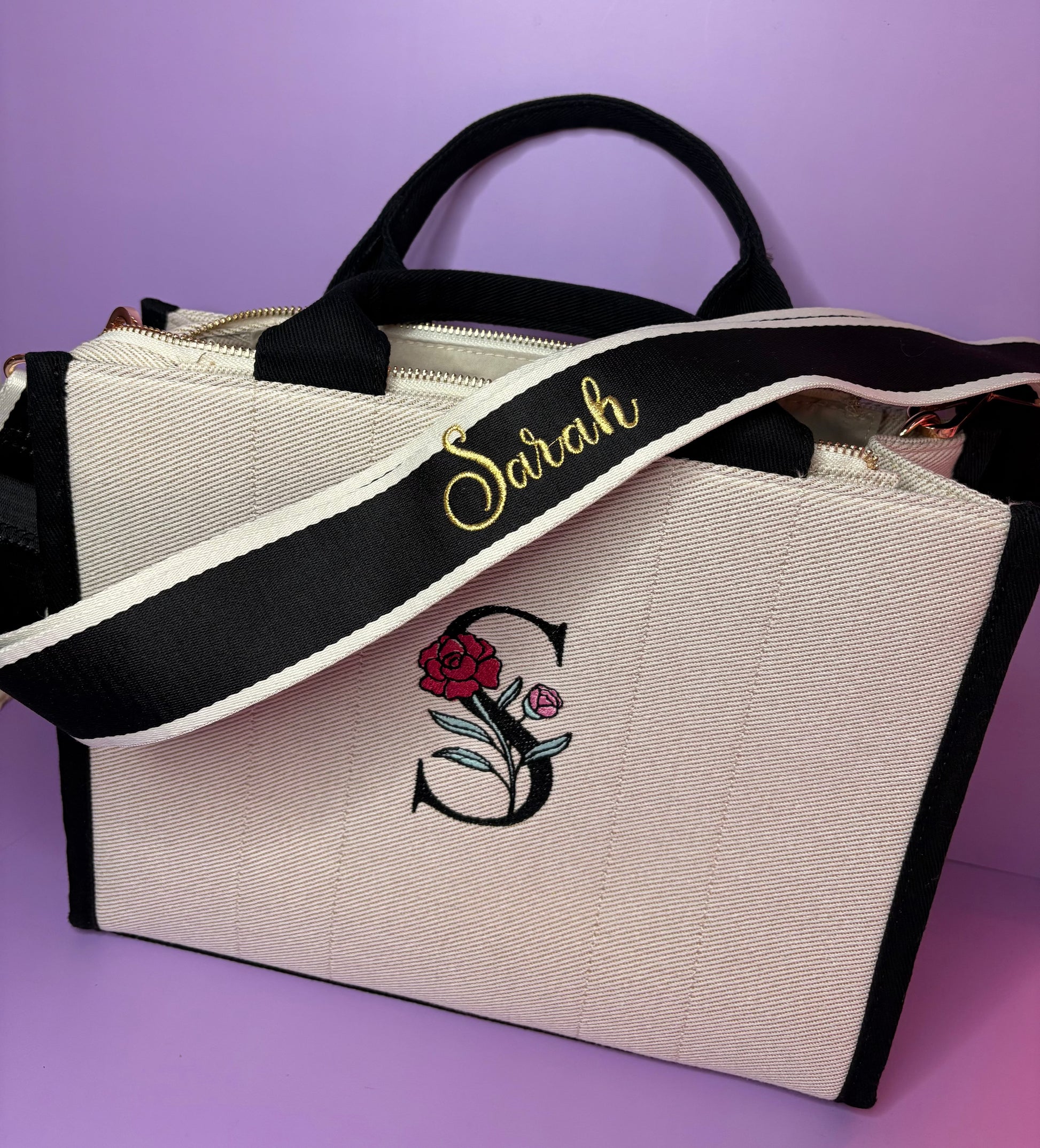 Personalised embroidered tote bag with monogram and name strap in durable heavy twill fabric