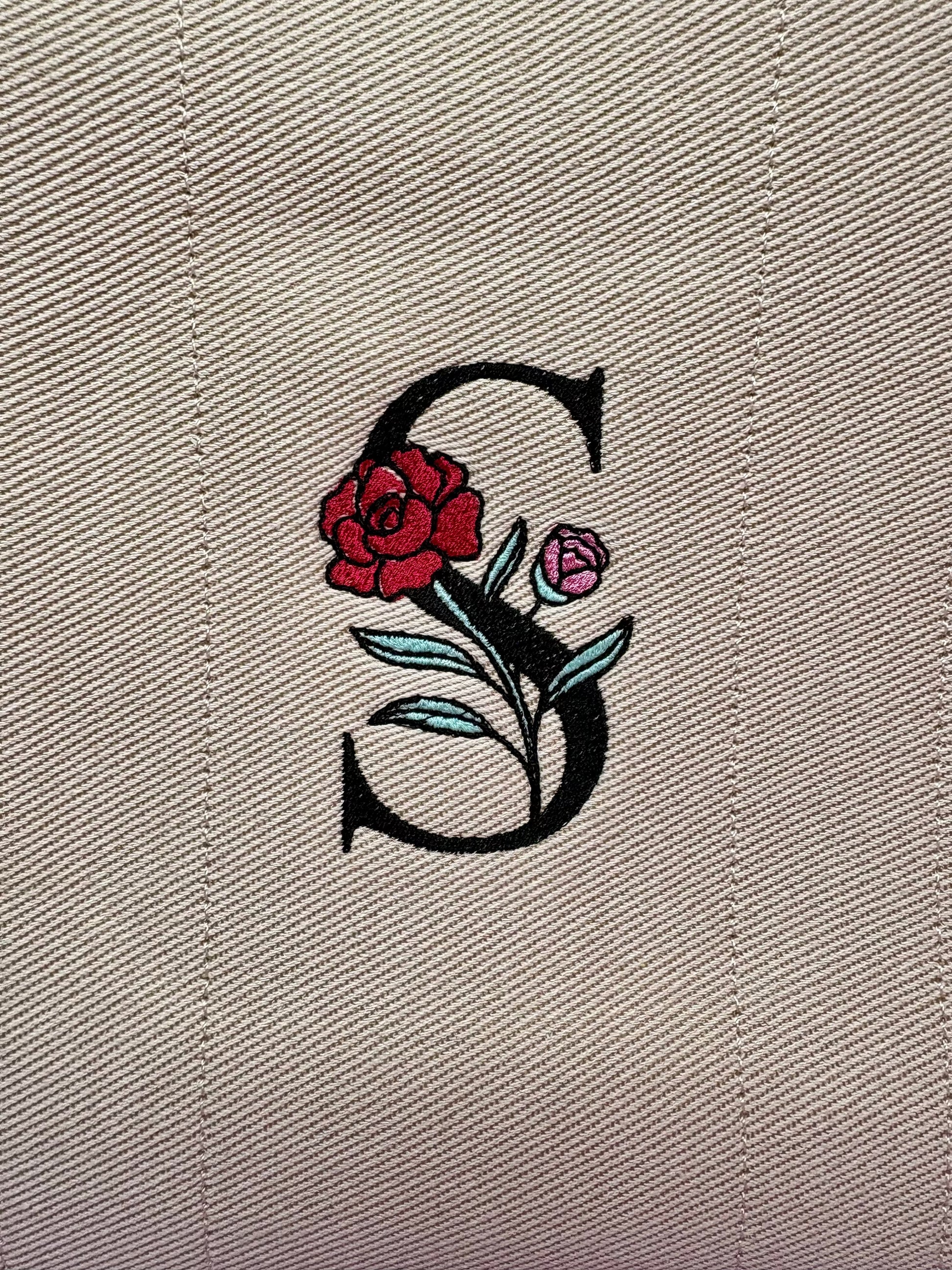 Personalised embroidered tote bag with monogram and name strap made from heavy twill fabric with internal zip pocket