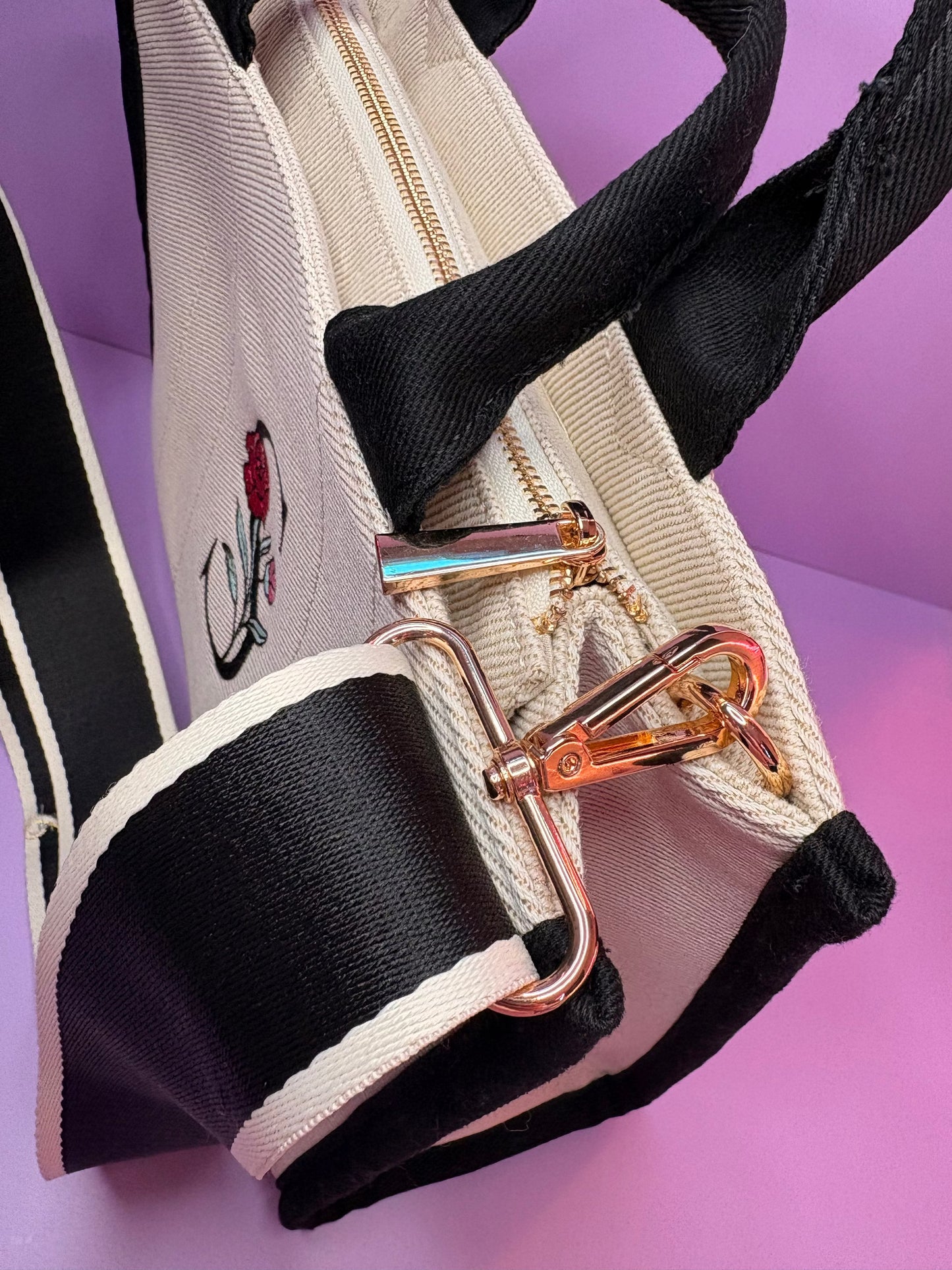 Personalised embroidered tote bag with monogram and name strap in durable heavy twill fabric