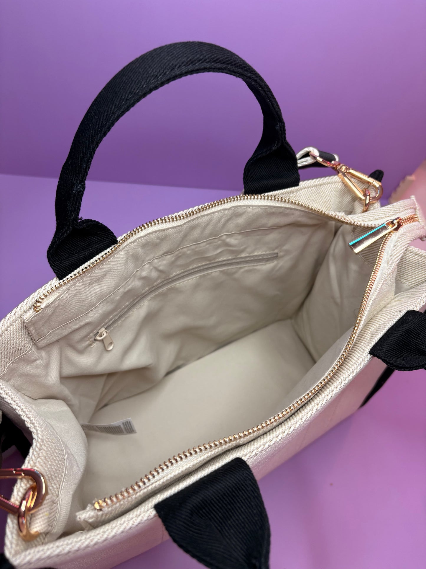 Personalised embroidered tote bag with monogram and name strap in durable heavy twill fabric with zip pocket and spacious interior