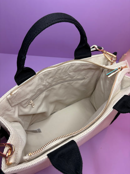 Personalised embroidered tote bag with monogram and name strap in durable heavy twill fabric with zip pocket and spacious interior