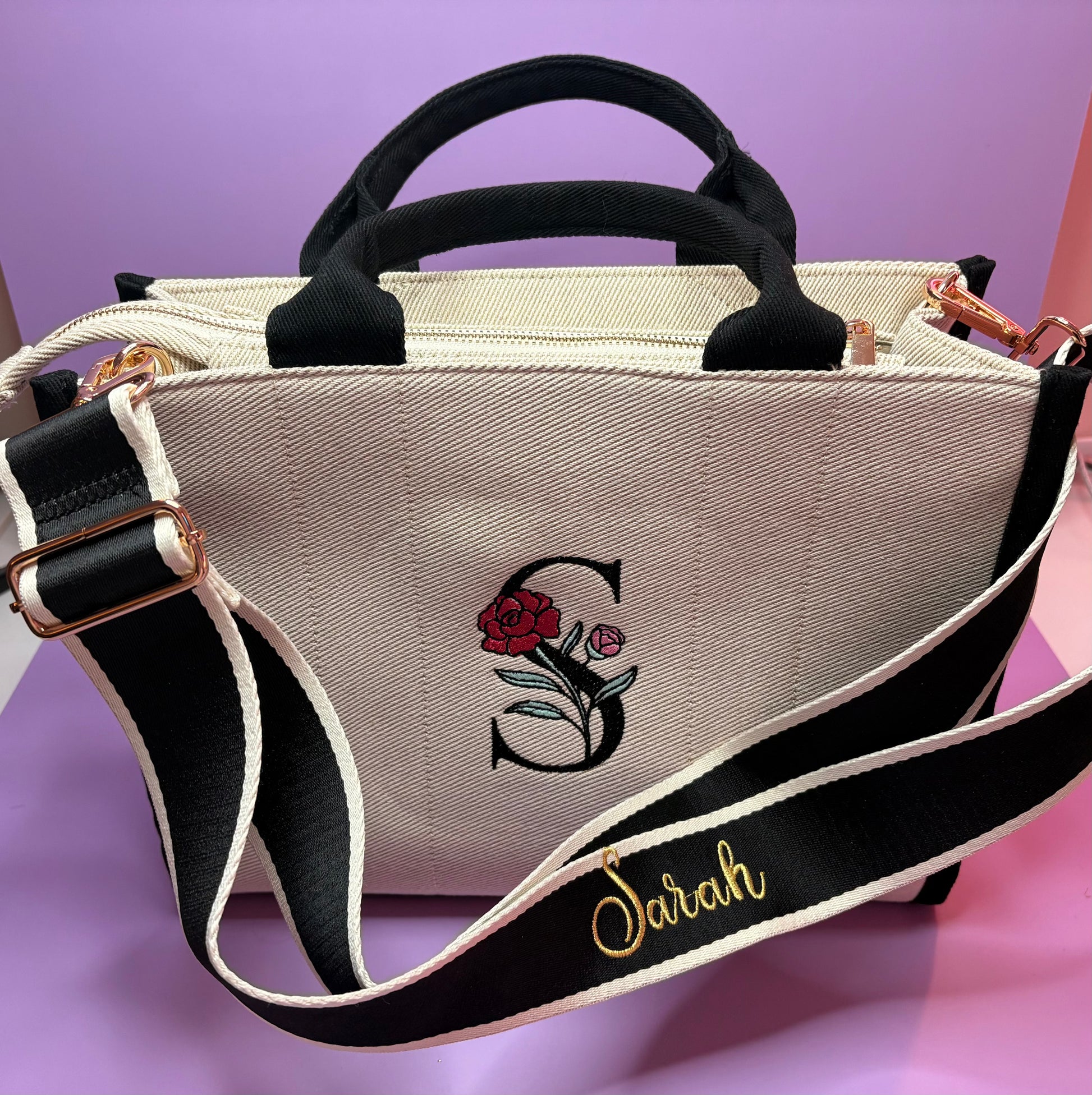 Personalised embroidered tote bag with monogram and name strap made from durable heavy twill fabric with internal zip pocket