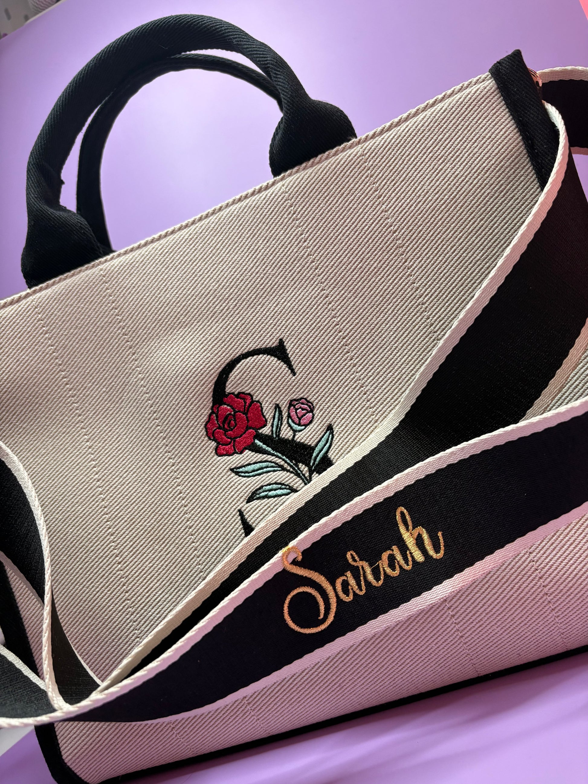 Personalised embroidered tote bag with monogram and name strap on heavy twill fabric