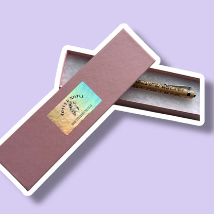 Kawaii Dog Bamboo Pen in gift box with cute engraved dog designs, eco-friendly and refillable.