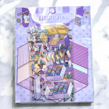 3D Sticker Scene Set for The Library theme with charming 3D background and themed stickers.