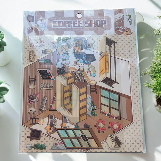 3D Sticker Scene Set with Coffee Shop theme featuring a fold-out background and themed stickers.