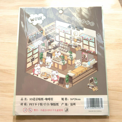 3D Sticker Scene Set packaging featuring a coffee shop theme with whimsical details, ideal for creative crafting.