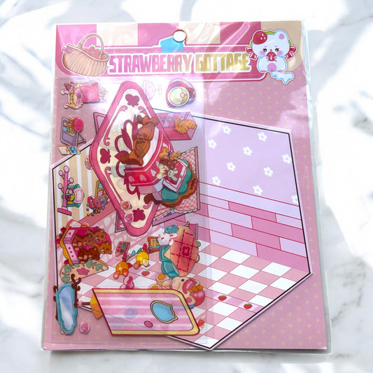 3D Sticker Scene Set with Strawberry Cottage background, featuring whimsical stickers and eco-friendly packaging.