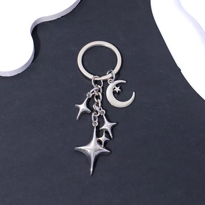 3D metal alloy silver celestial moon and star keychain with lightweight design