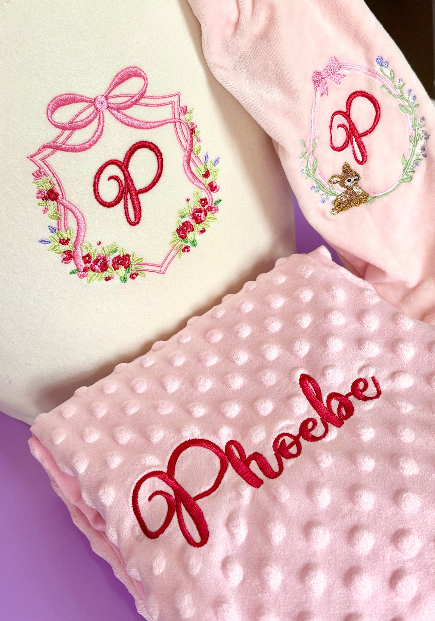 Personalised baby bundle gift set with storage trug, soft minky blanket, and rattling comforter for baby shower gifts