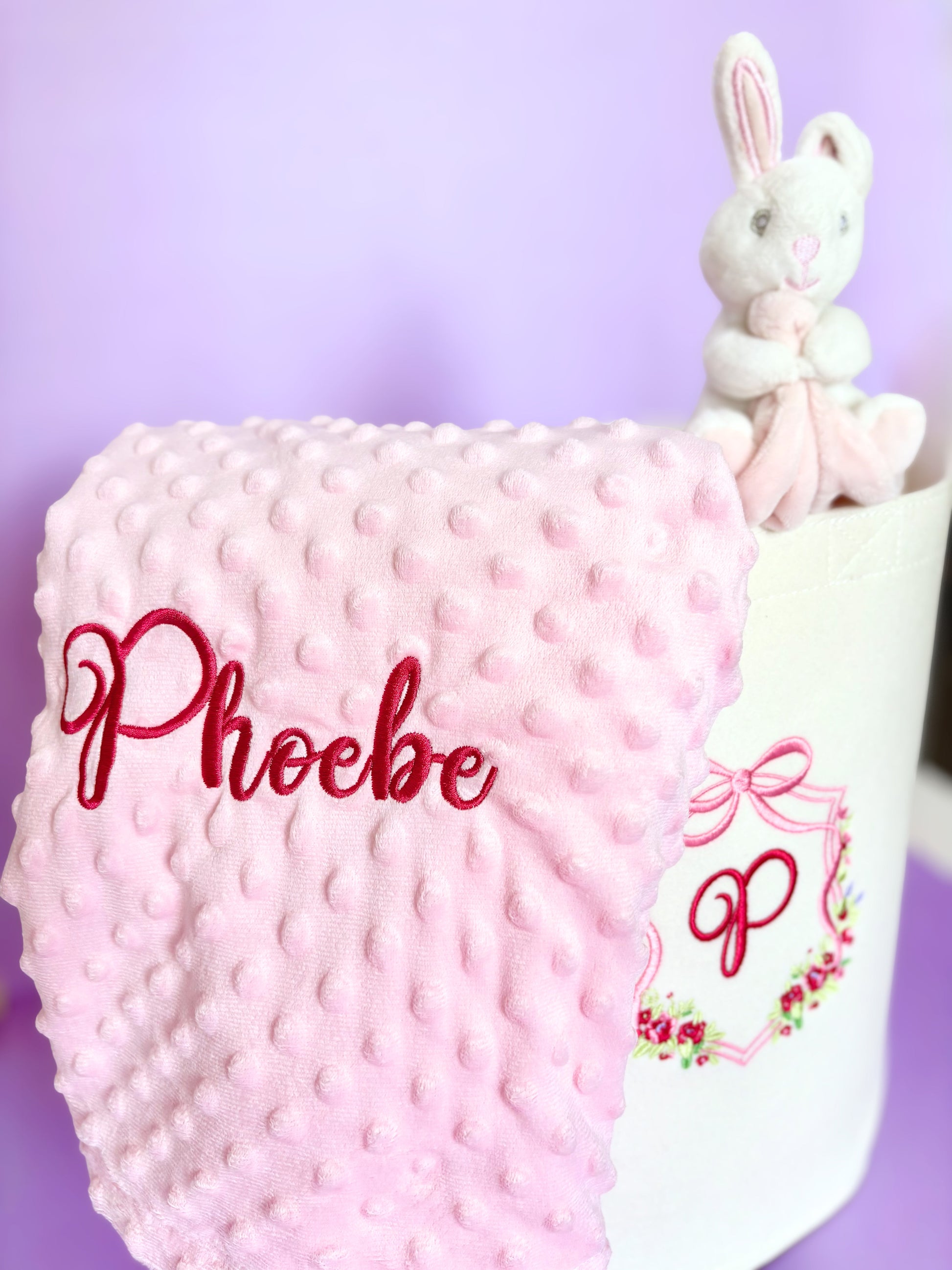 Personalised baby bundle gift set with nursery storage trug, soft minky blanket, and cuddly rattle comforter for baby shower