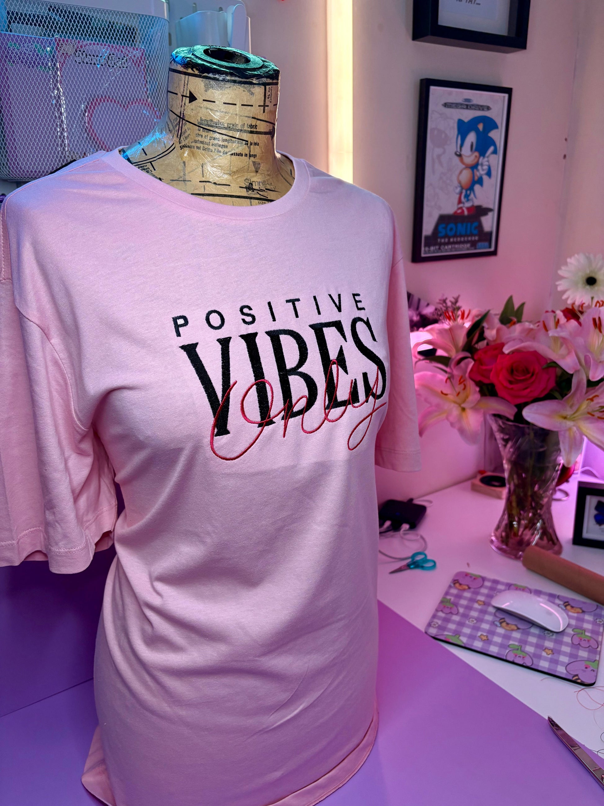 Baby pink short sleeve t-shirt with embroidered "Positive Vibes Only" text and ribbed crew neck