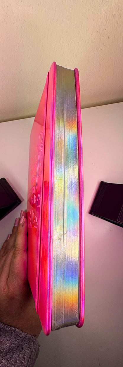 A5 Tiny Spells Notebook with holographic lasered rainbow page edges and pink ribbon markers