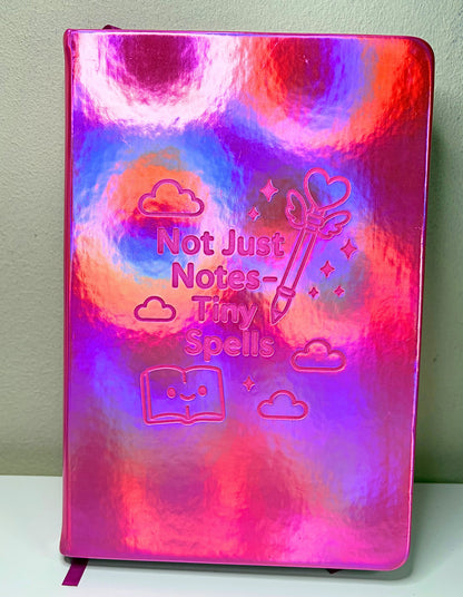 A5 Tiny Spells Notebook with holographic PU leather cover and laser-etched magical design