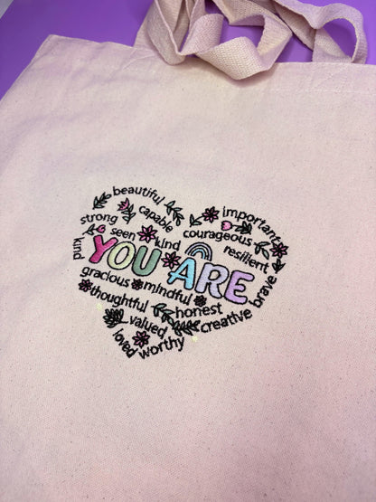 Uplifting Reminder Embroidered Canvas Tote Bag with durable gusseted base and long handles for everyday use and thoughtful gifting