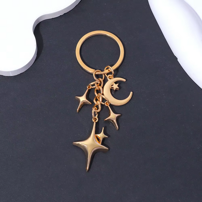 3D metal alloy gold keychain with moon and star celestial design